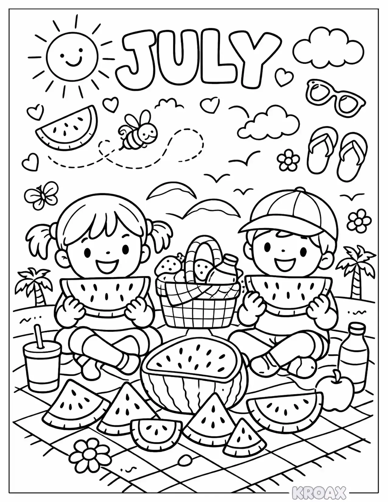 july watermelon slice party printable coloring page