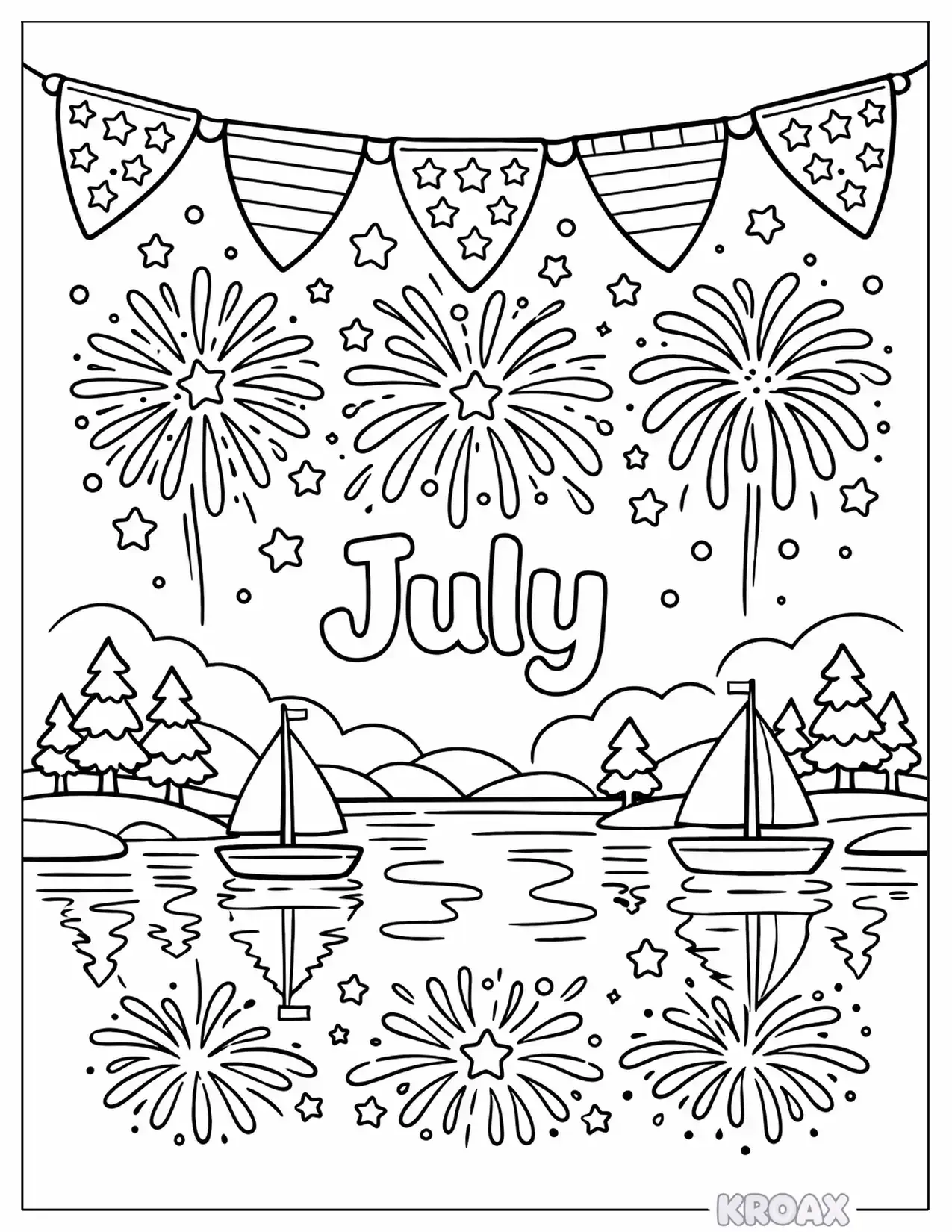 patriotic fireworks over lake printable coloring page
