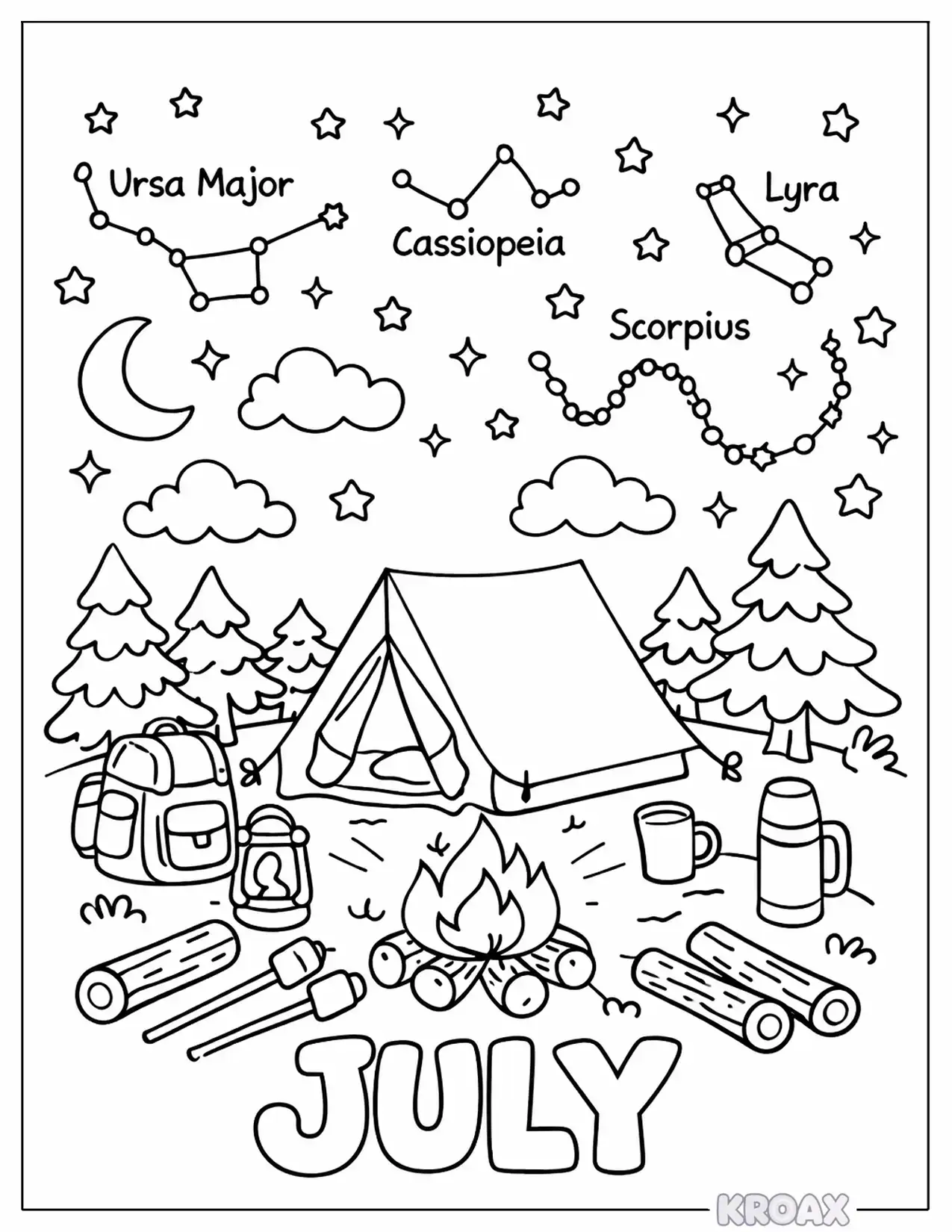 summer camping under stars printable coloring page