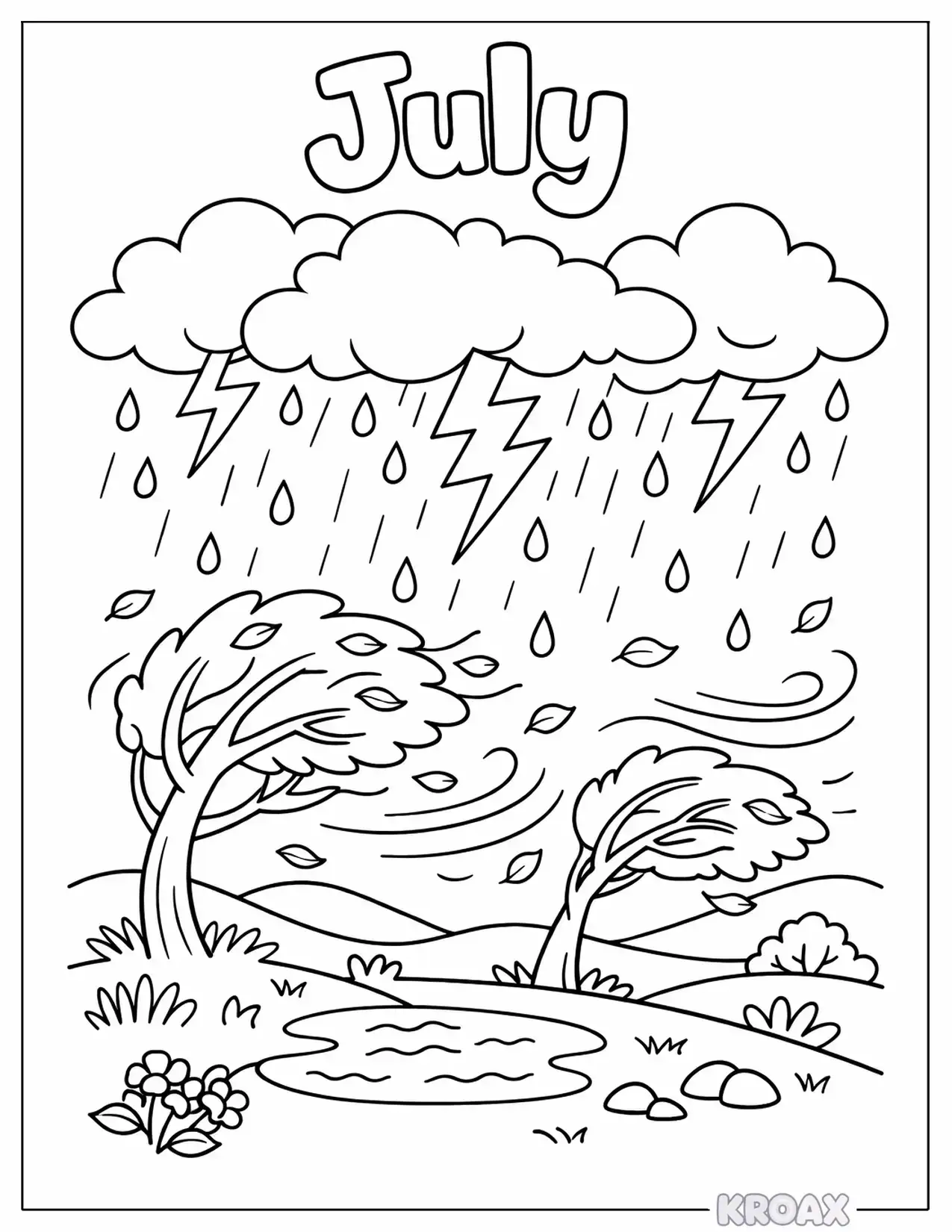summer thunderstorm with lightning clouds printable coloring page