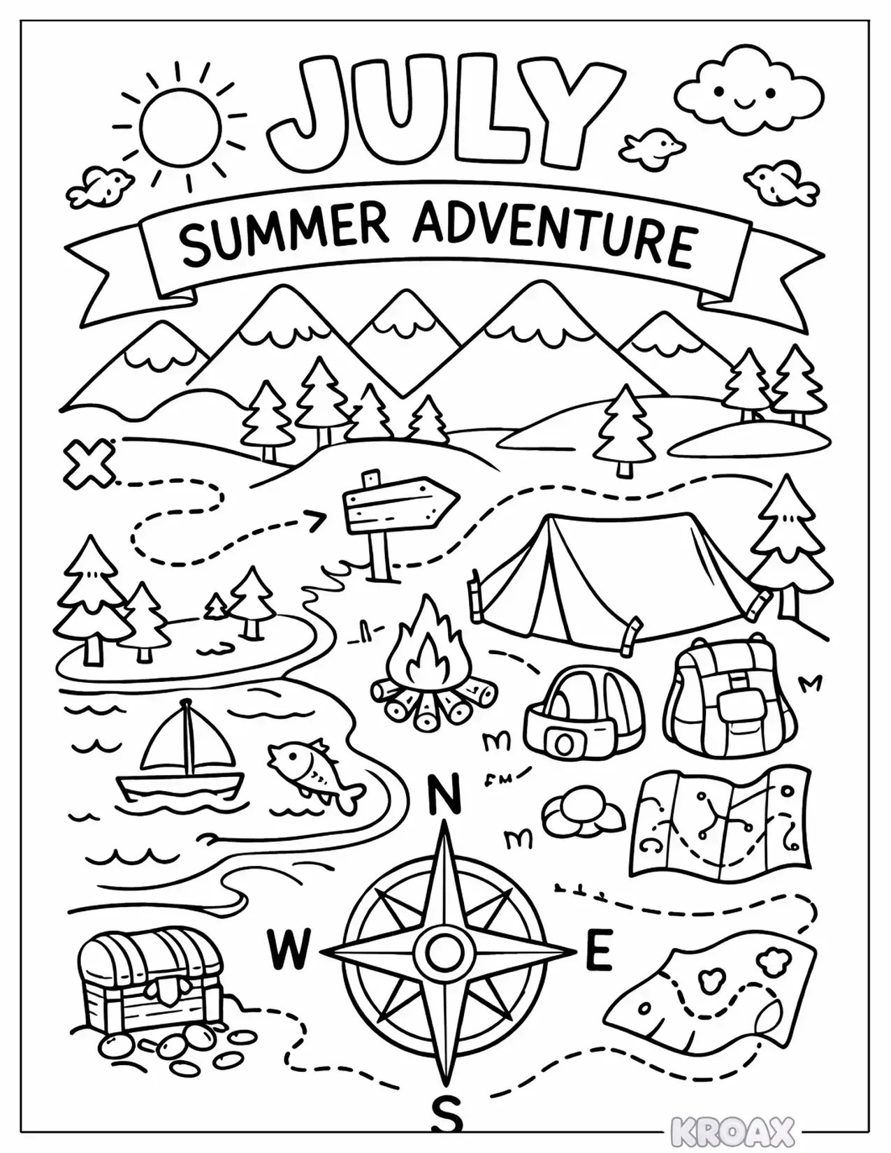 summer vacation adventure map printable coloring page