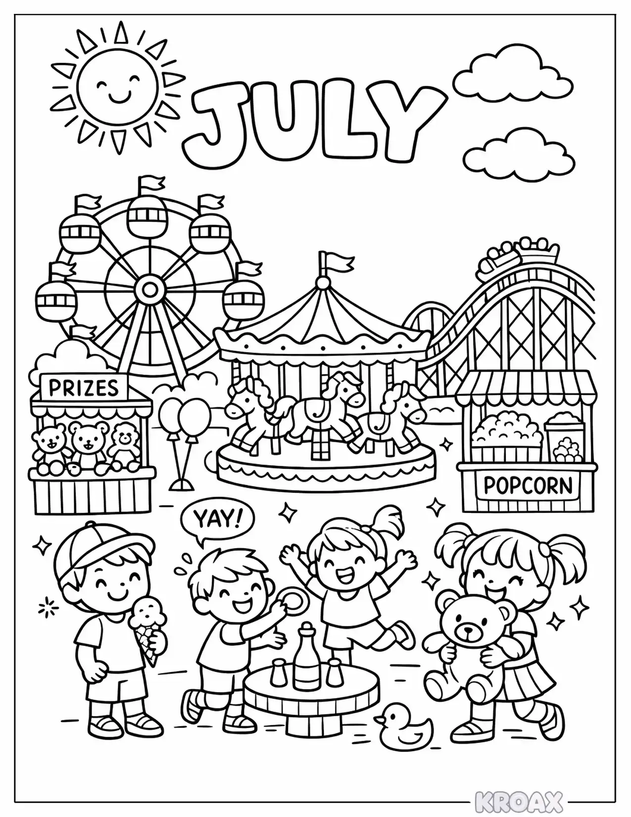 sunny day at the amusement park printable coloring page