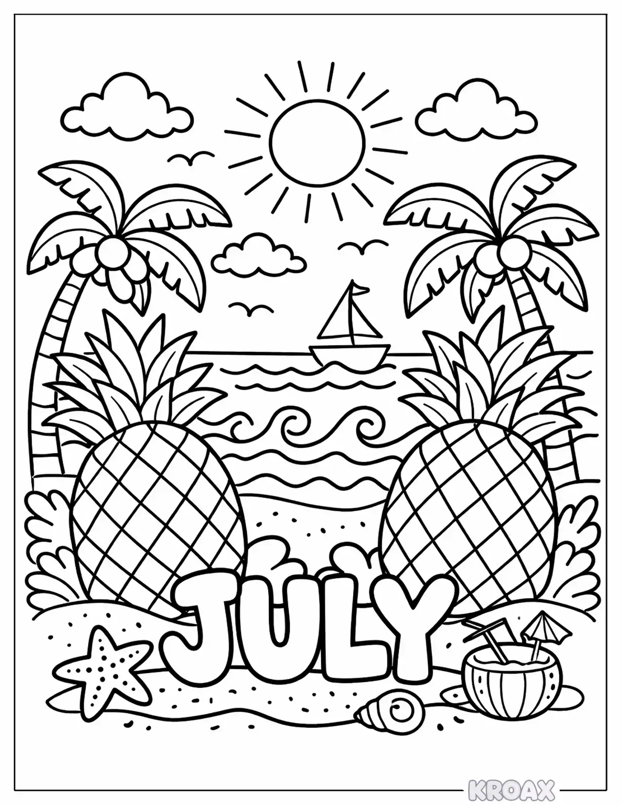 tropical pineapple and palm trees printable coloring page