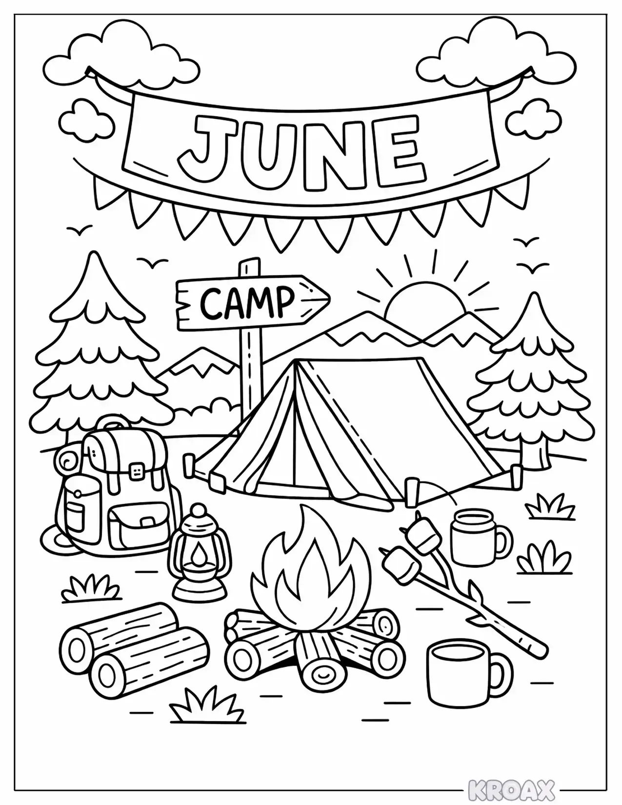 camping adventure with tent and campfire printable coloring page