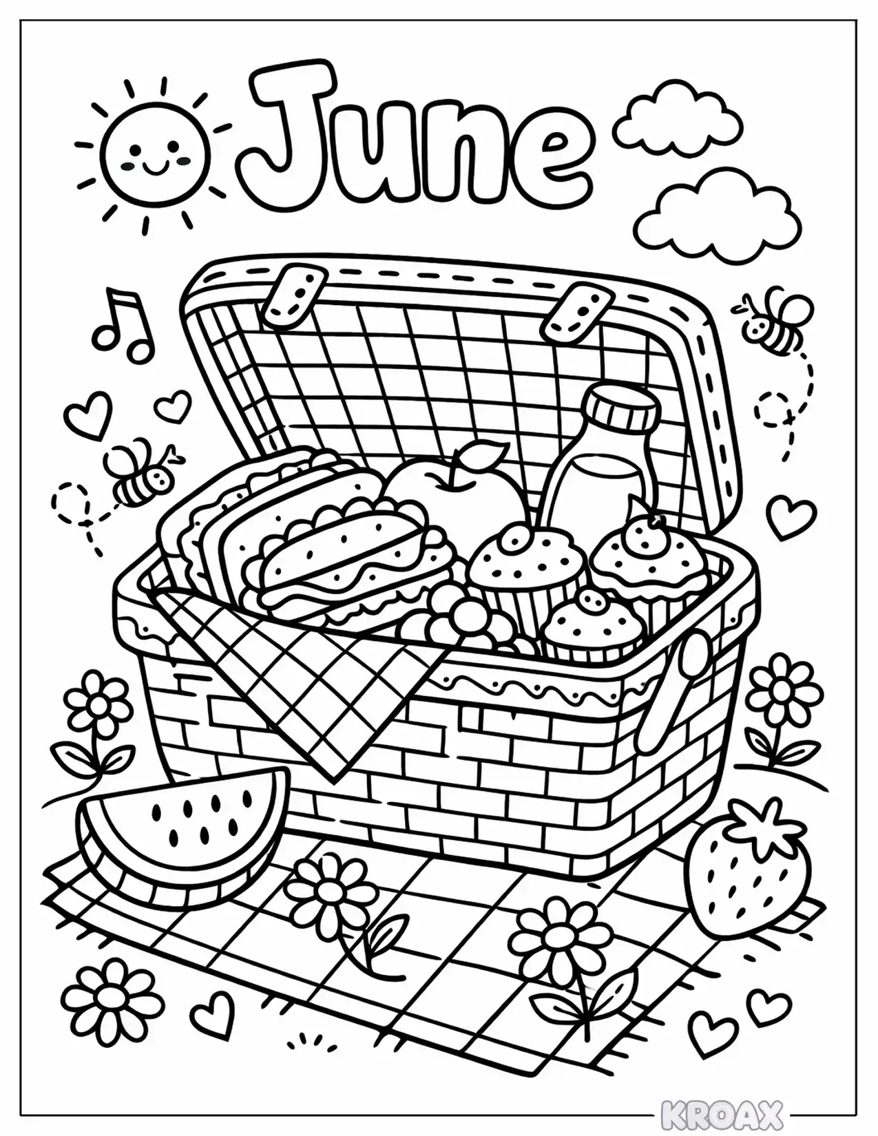 cozy picnic basket with treats printable coloring page