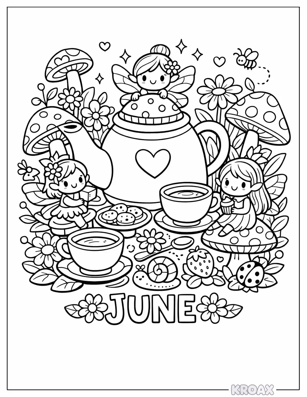 fairy garden tea party with mushrooms printable coloring page