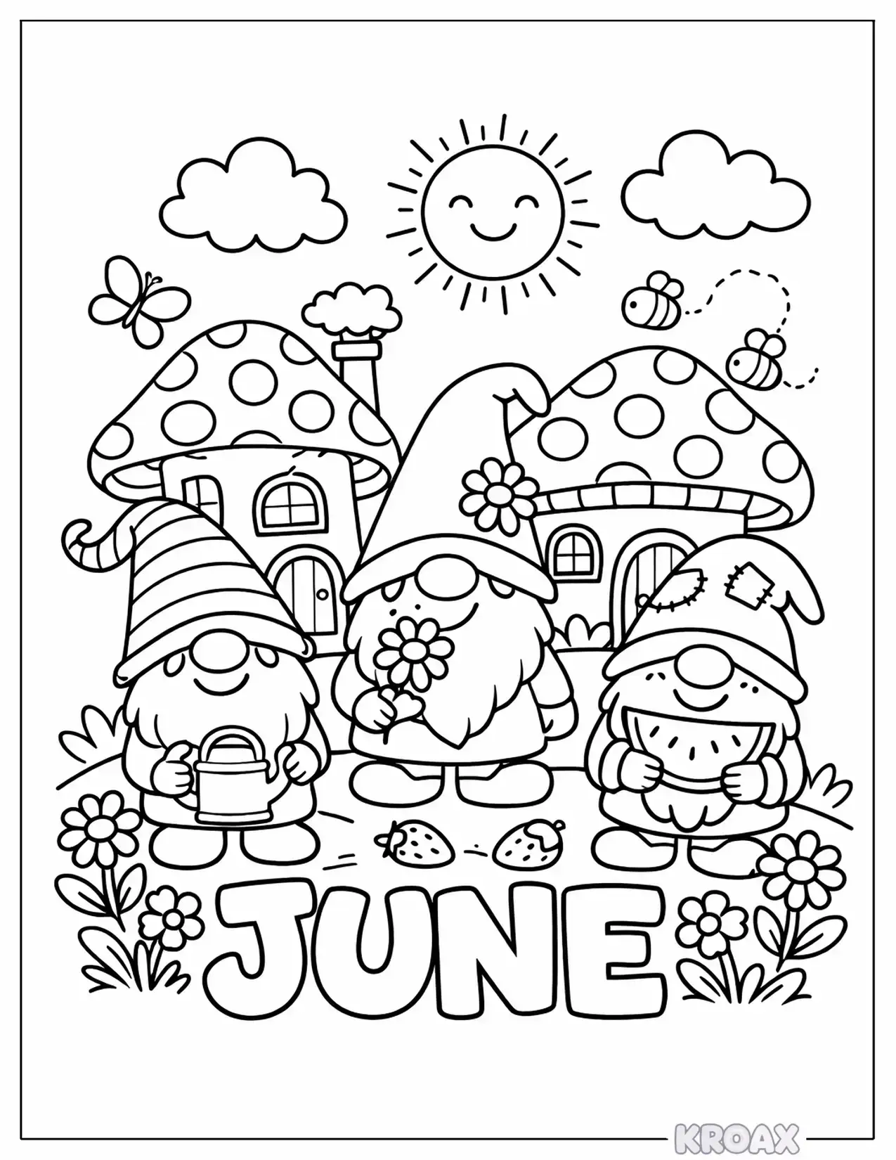 garden gnomes and mushroom houses printable coloring page