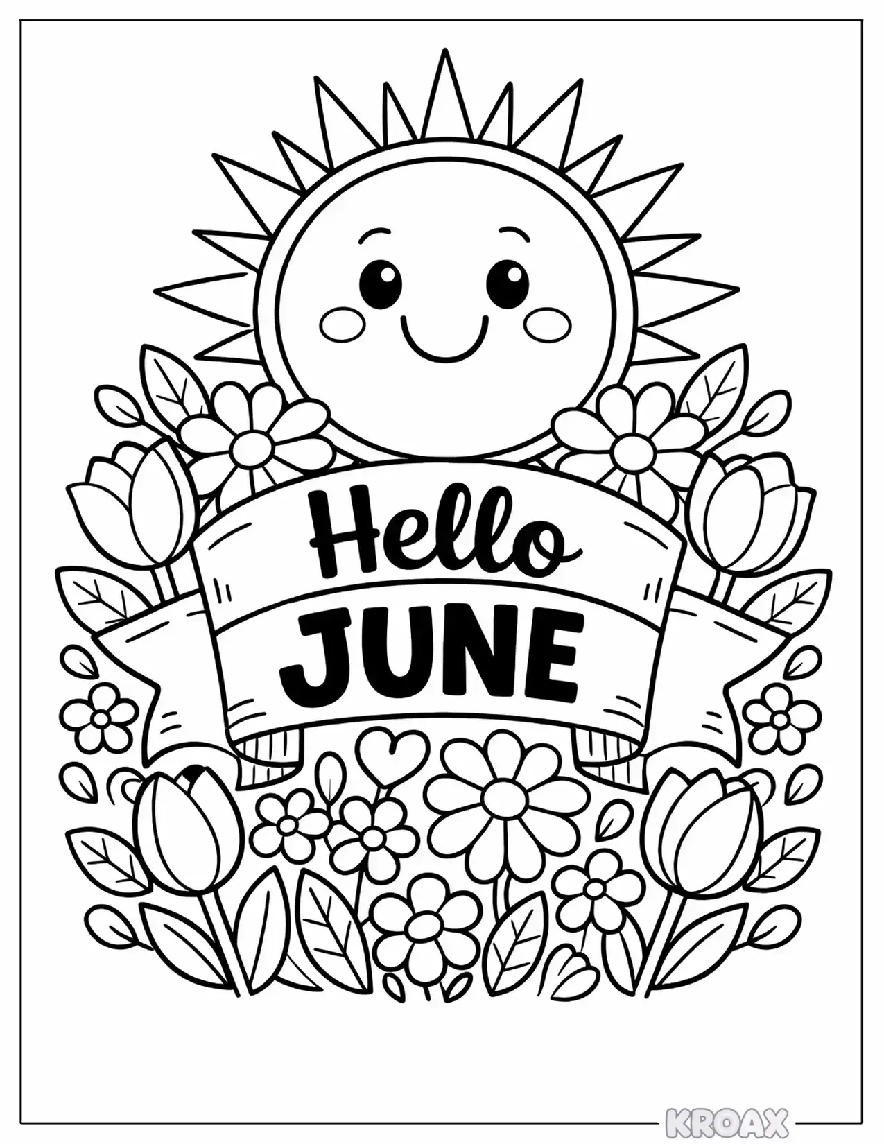 hello june sunshine and flowers printable coloring page