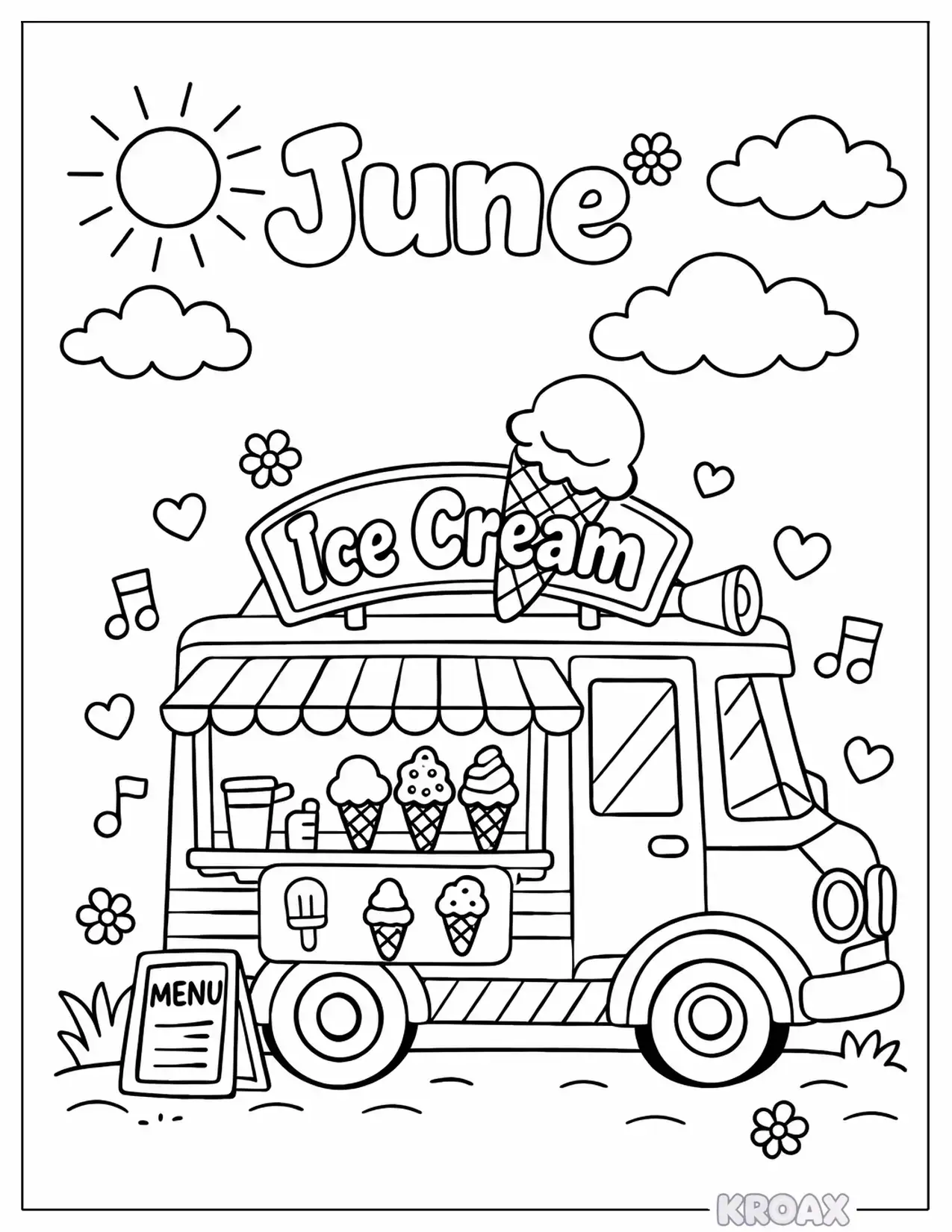 ice cream truck summer fun printable coloring page