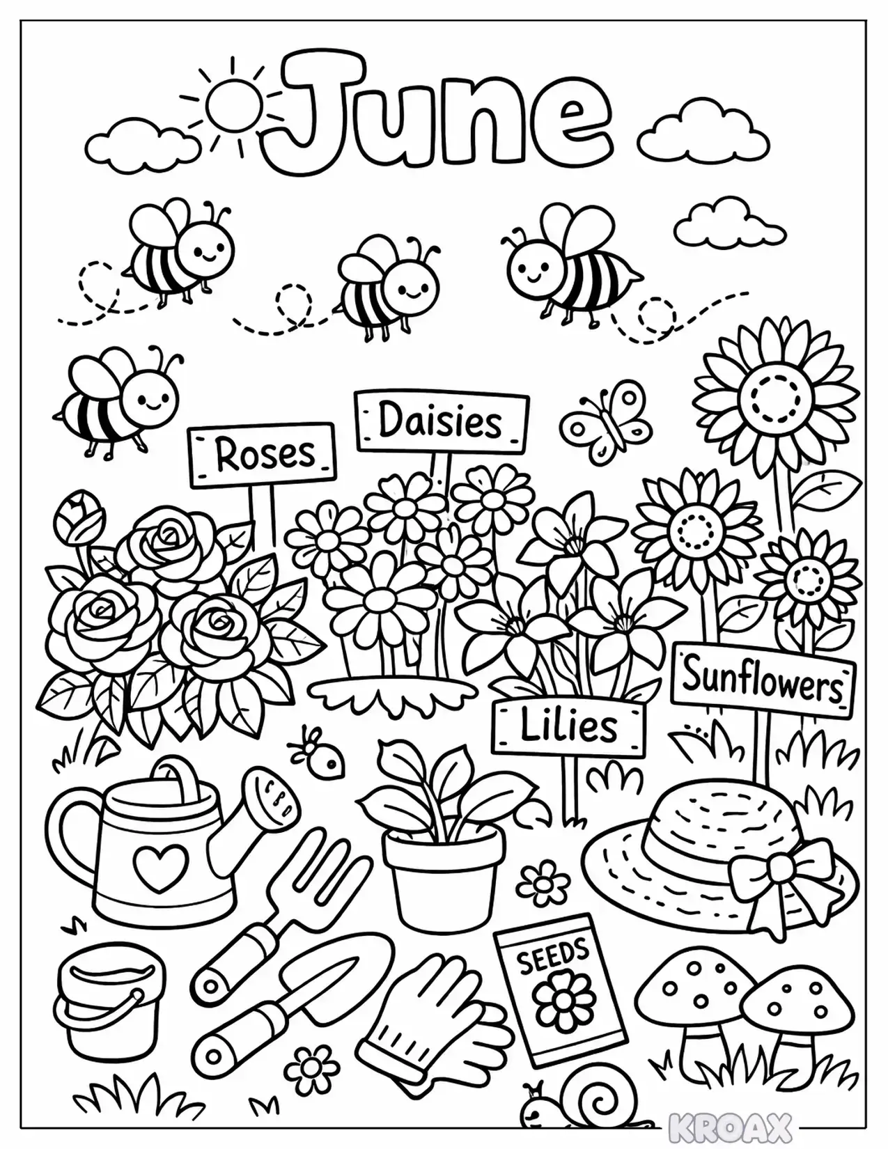 june garden blooms and bees printable coloring page