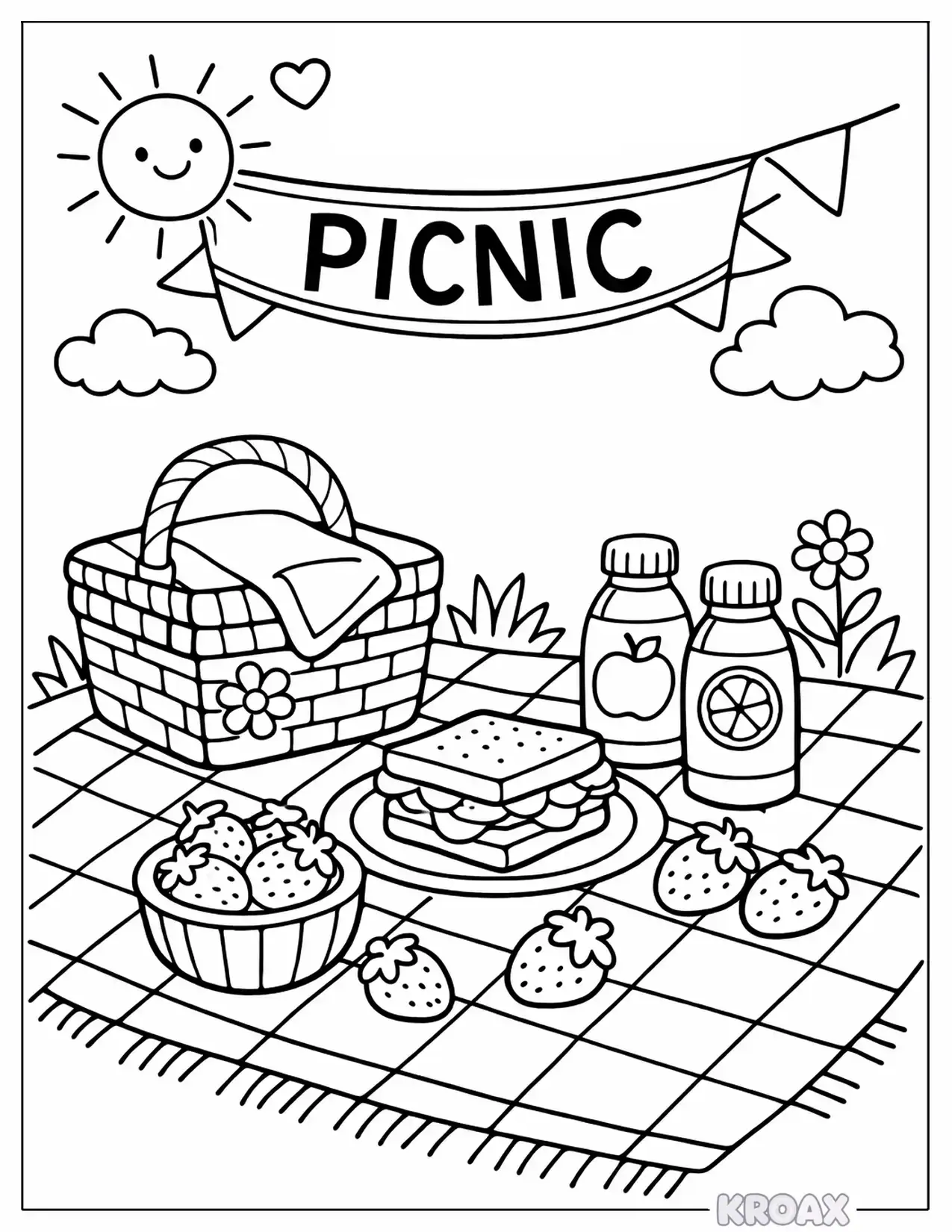june picnic with strawberries and blankets printable coloring page