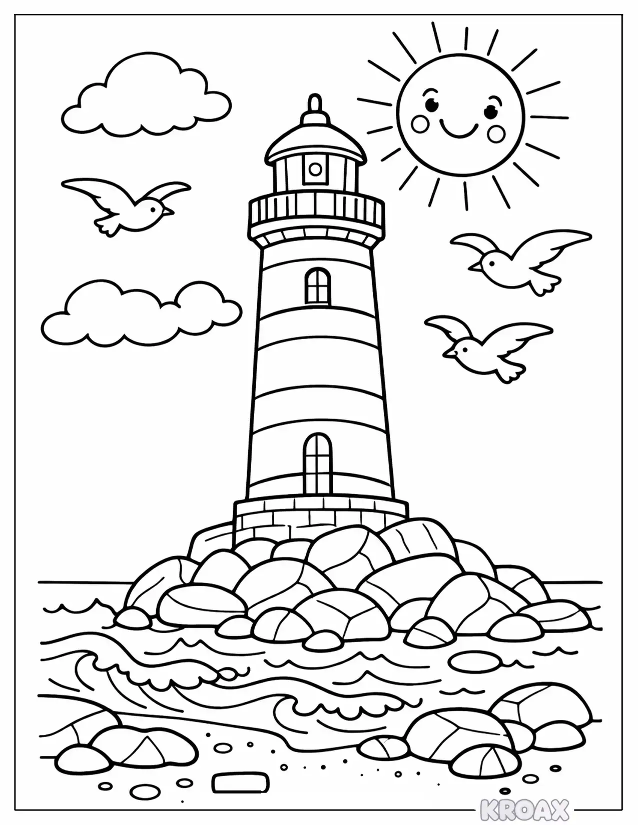 lighthouse and seagulls by the shore printable coloring page