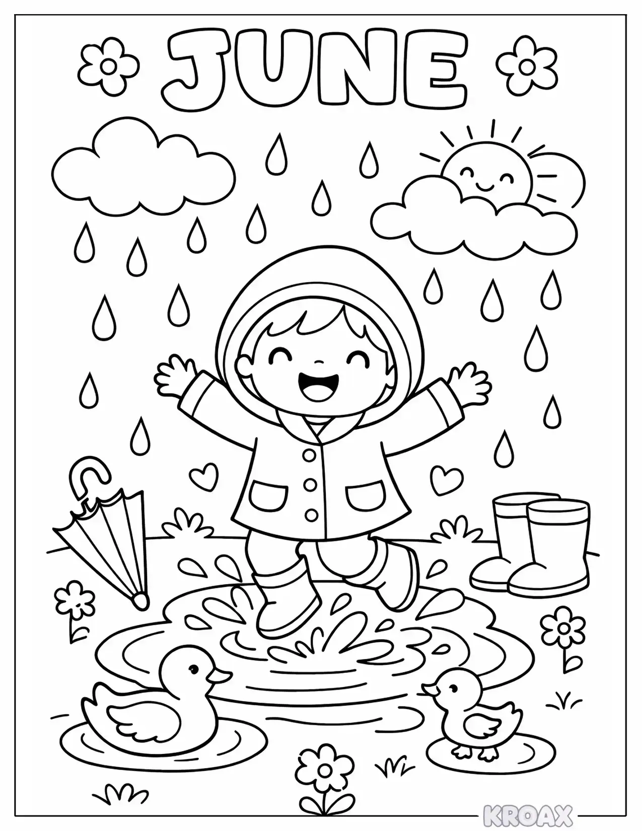 rainy day puddle jumping with ducks printable coloring page