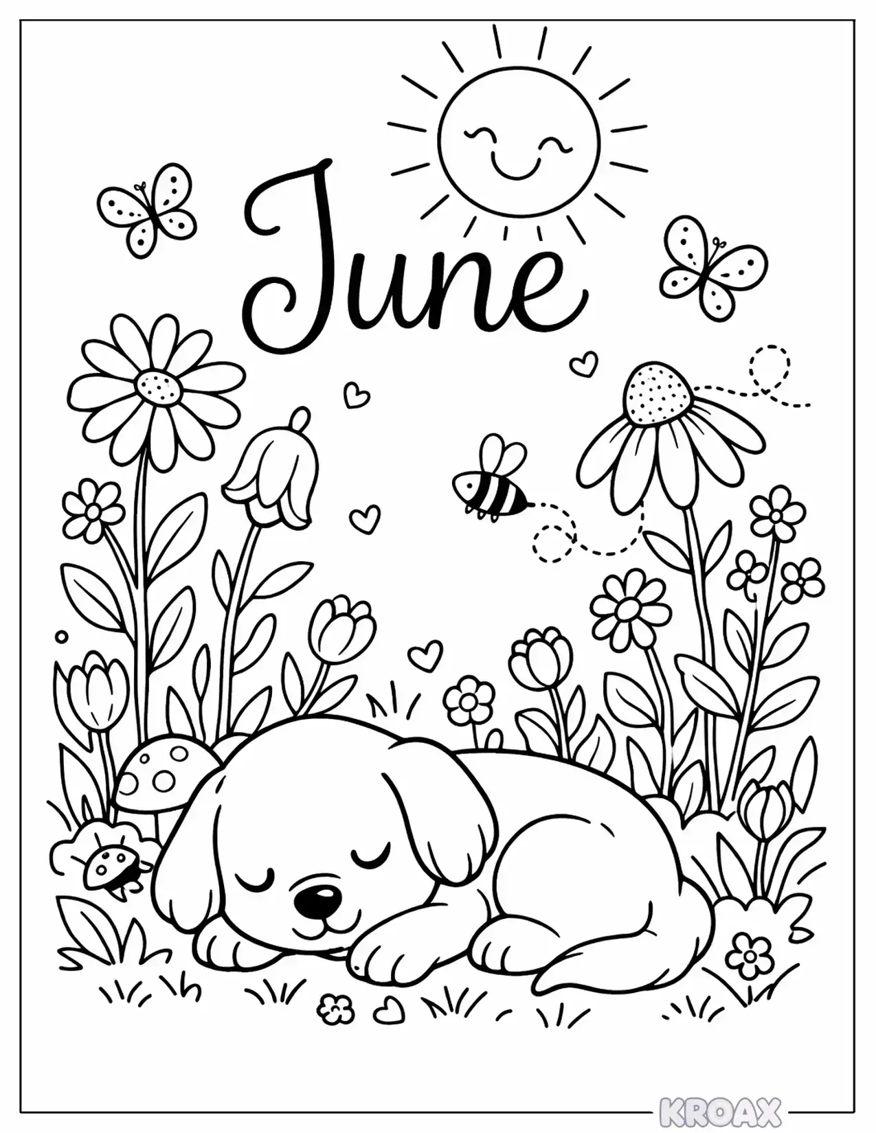sleepy puppy in wildflower meadow printable coloring page
