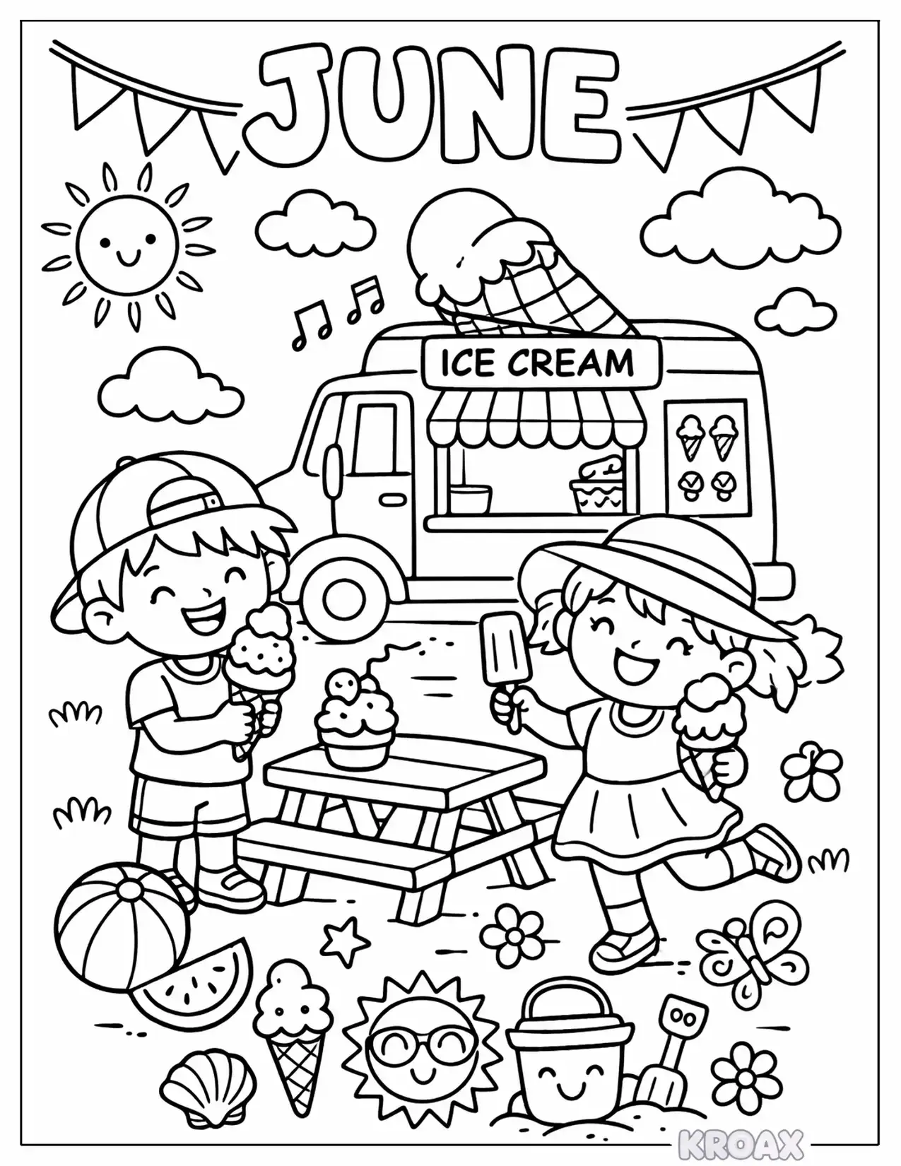 summer ice cream celebration scene printable coloring page