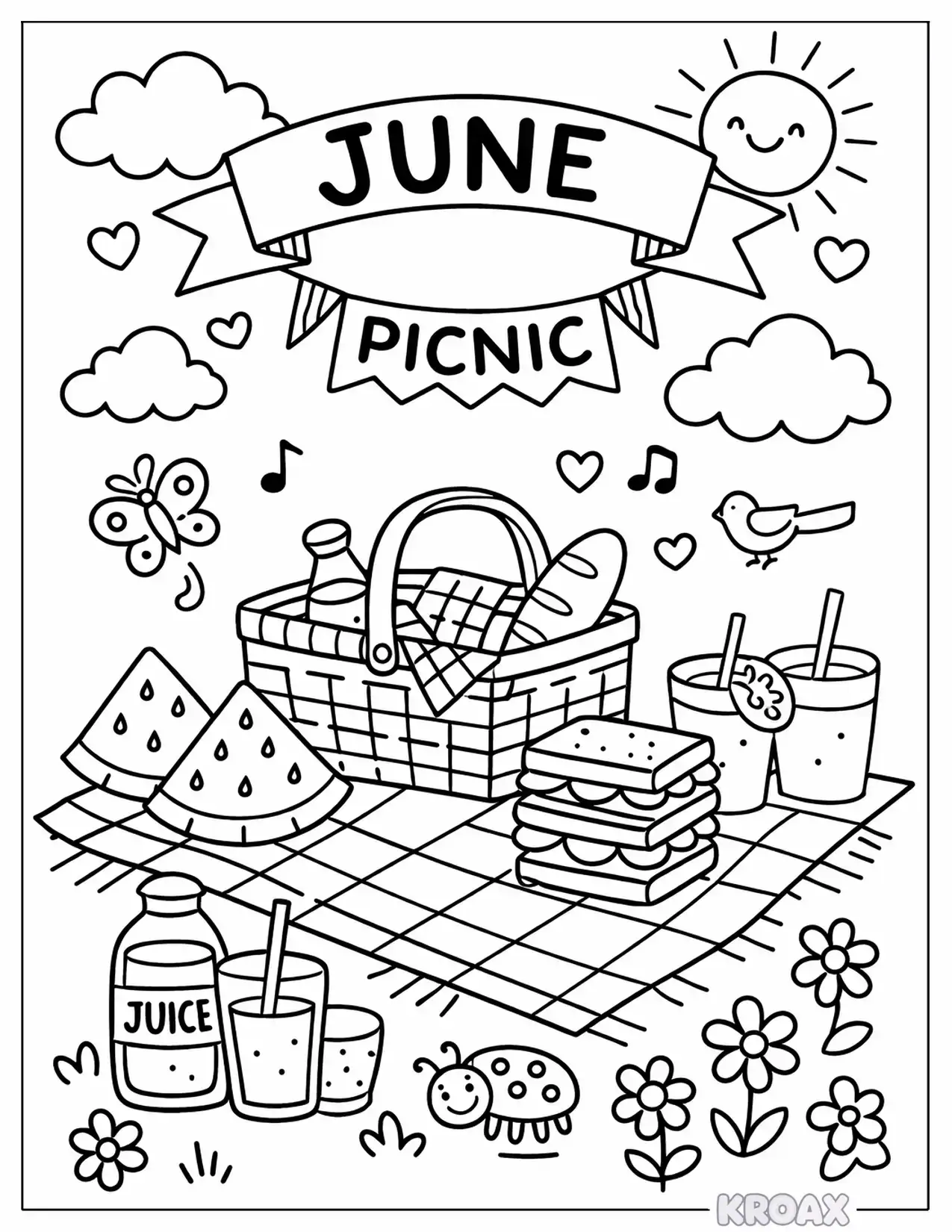 sunny day picnic with watermelon printable coloring page