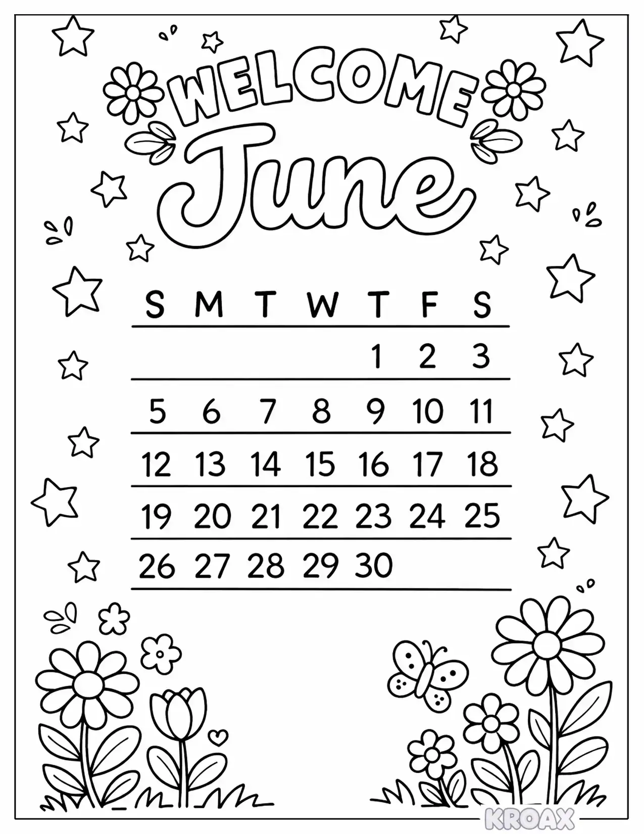 welcome june calendar with stars printable coloring page