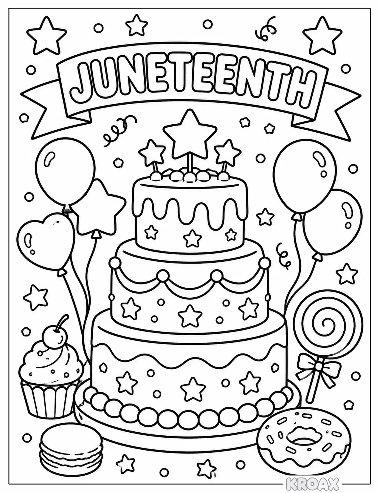 celebration cake and sweet treats design printable coloring page