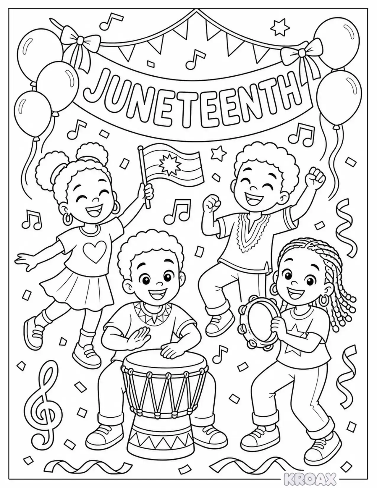 cute juneteenth party with balloons and music printable coloring page