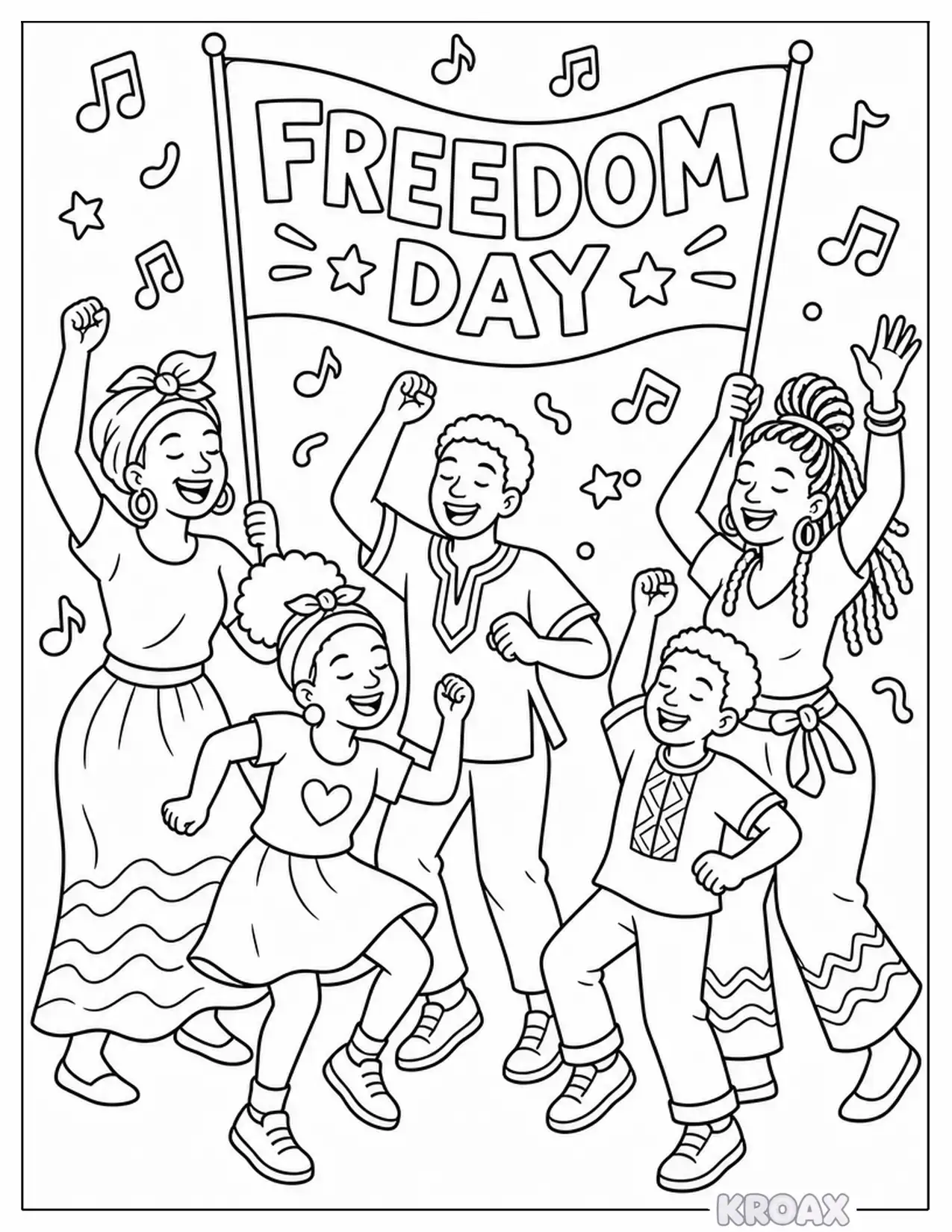 dancing figures celebrating freedom day printable coloring page