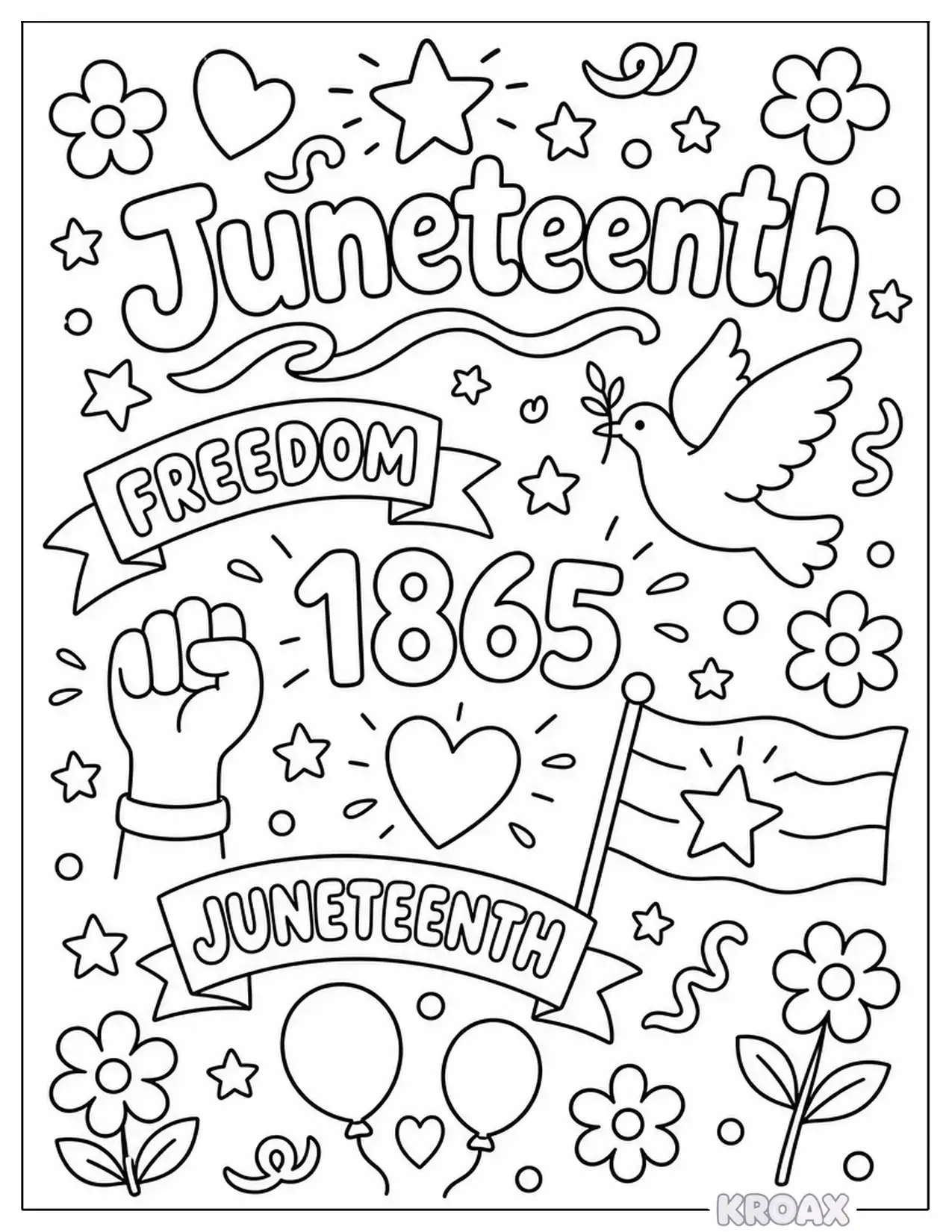 juneteenth doodles with stars and ribbons printable coloring page