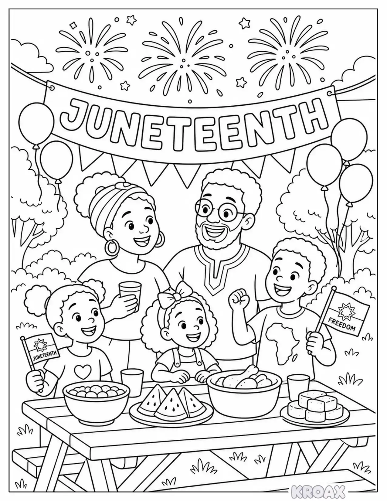juneteenth freedom celebration with fireworks printable coloring page