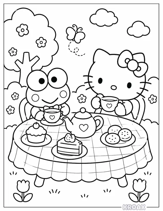 keroppi and hello kitty tea party printable coloring page