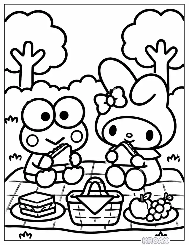 keroppi and my melody picnic day printable coloring page
