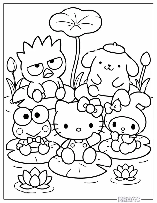 keroppi and sanrio friends gathering printable coloring page