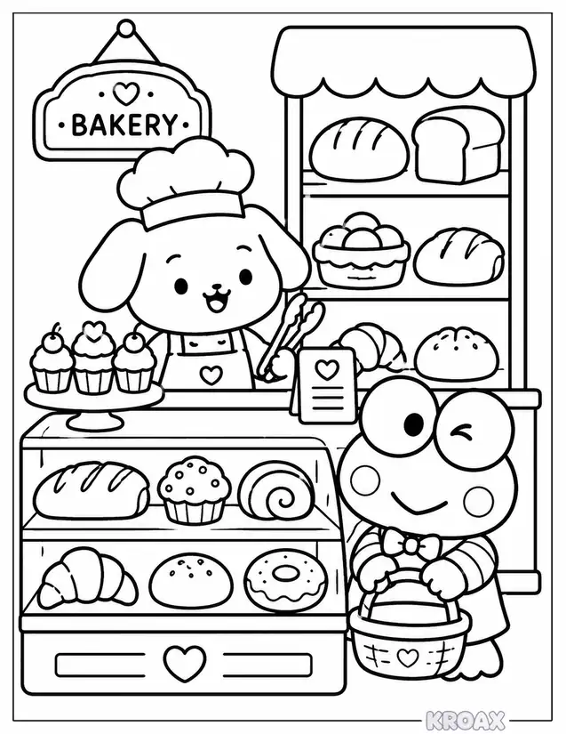 keroppi at the bakery counter printable coloring page