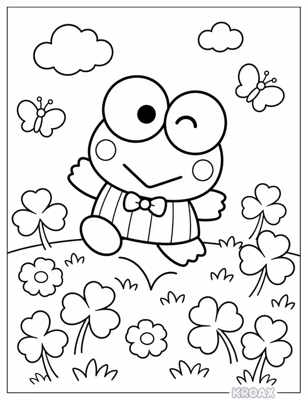keroppi bouncing through clover fields printable coloring page