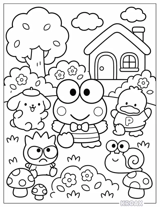 keroppi detailed kawaii scene printable coloring page
