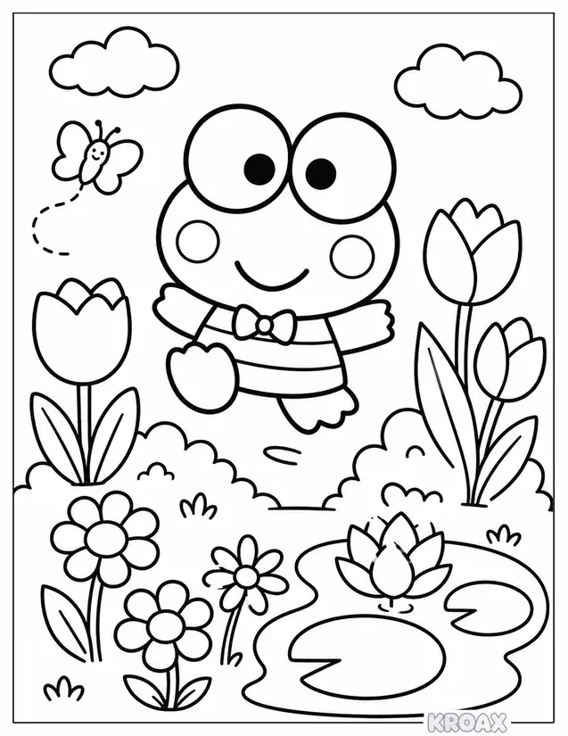 keroppi hopping through flowers printable coloring page