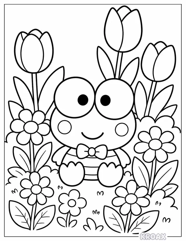 keroppi in flower garden printable coloring page