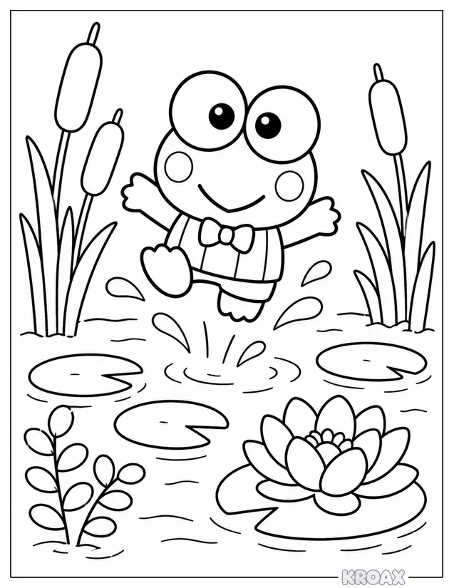 keroppi leaping through pond plants printable coloring page