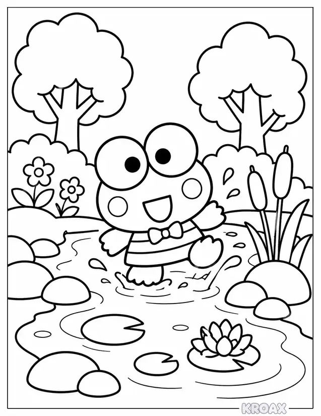 keroppi playing in the stream printable coloring page
