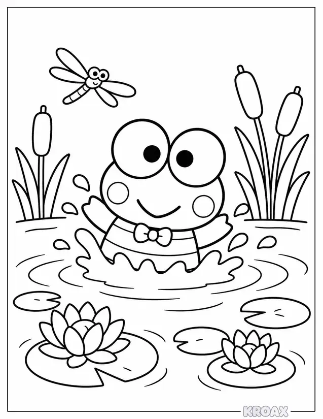 keroppi splashing in the pond printable coloring page