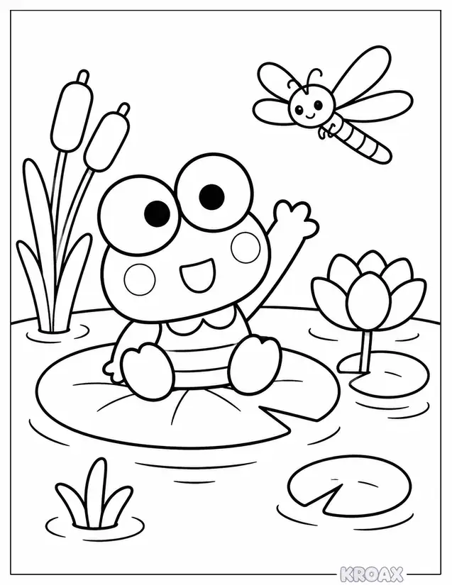 keroppi waving hello with dragonfly friend printable coloring page