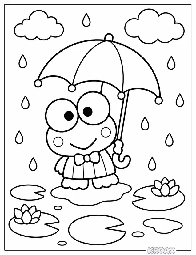 keroppi with umbrella in the rain printable coloring page