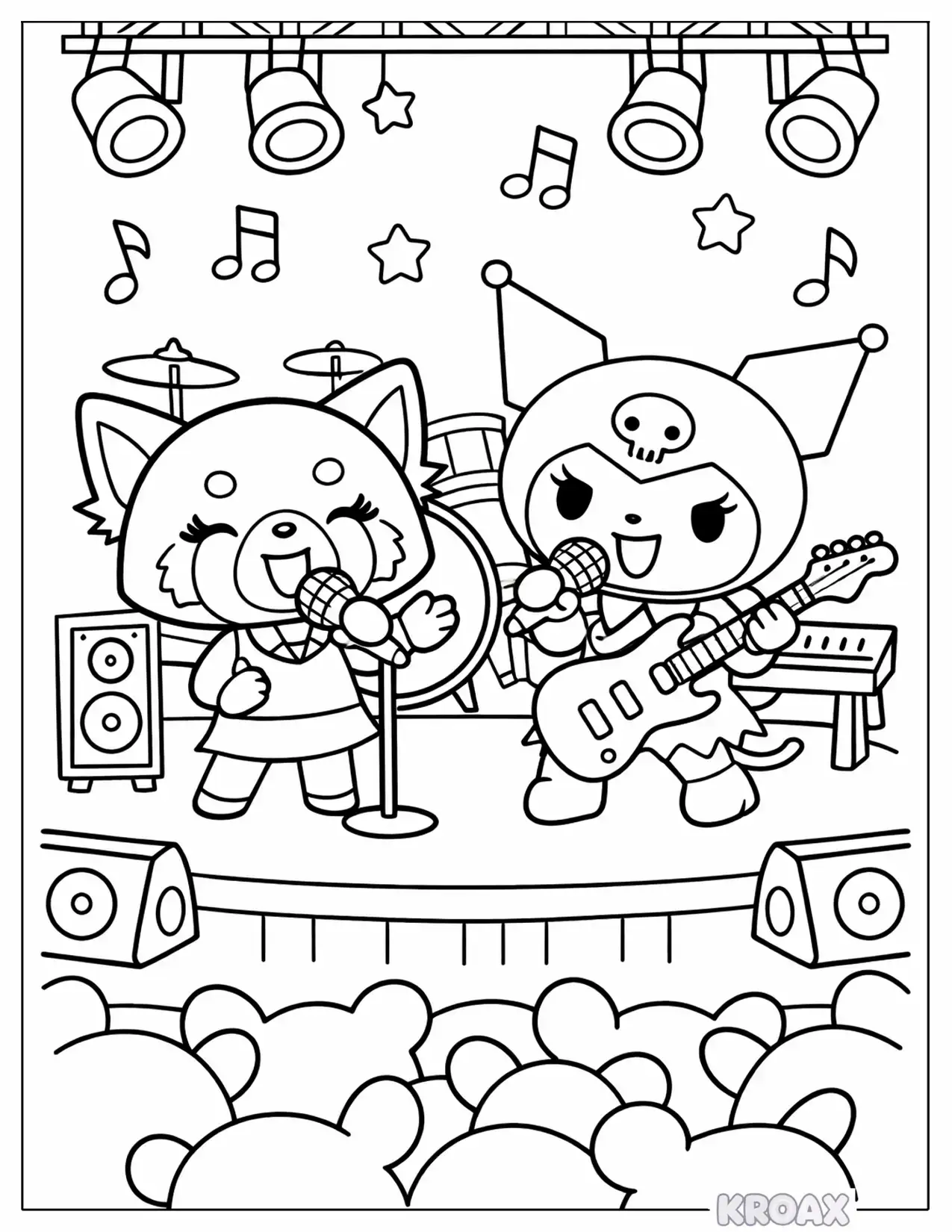 aggretsuko and kuromi s concert duet printable coloring page