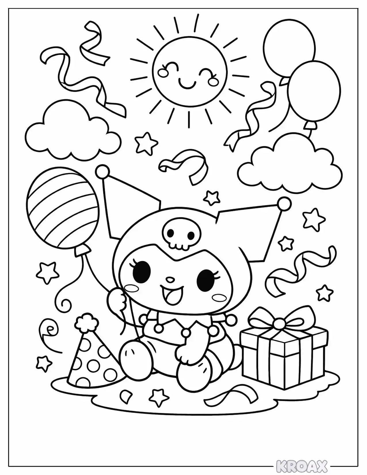 baby kuromi with colorful balloons printable coloring page