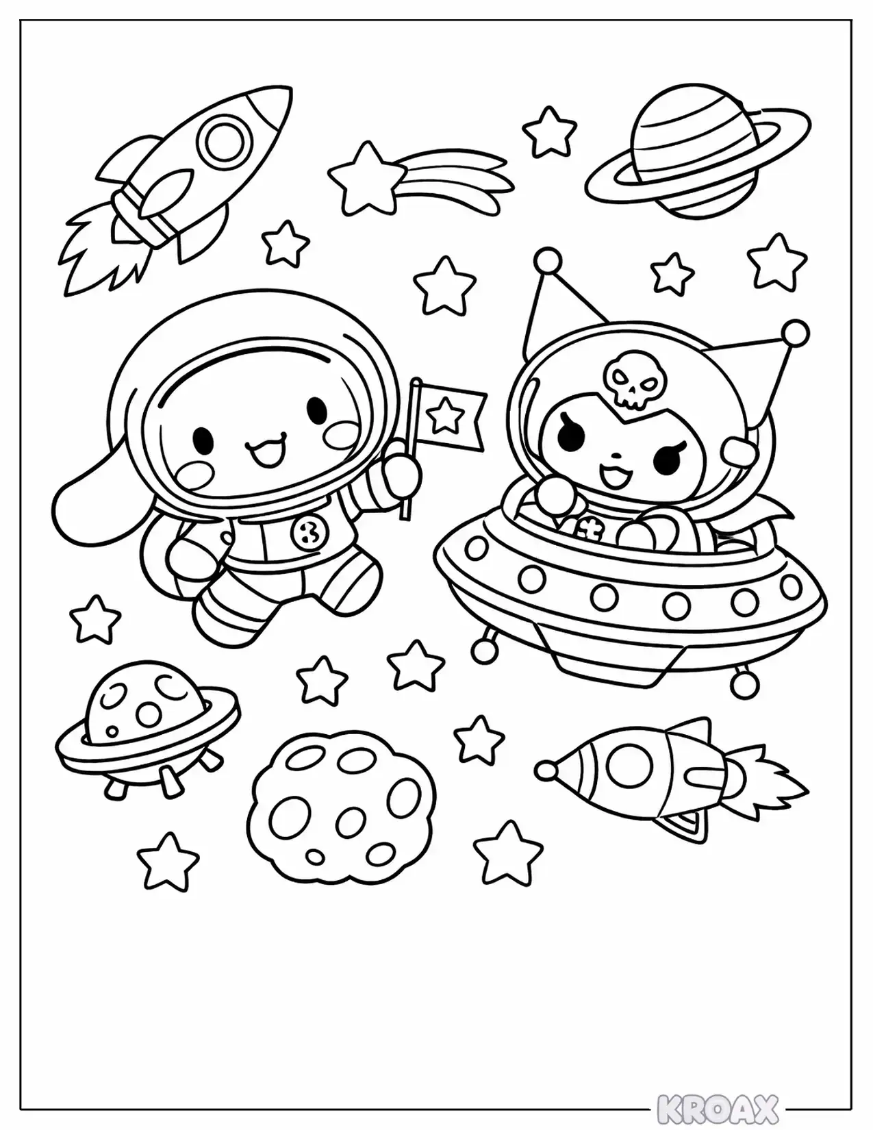 cinnamoroll and kuromi in space printable coloring page