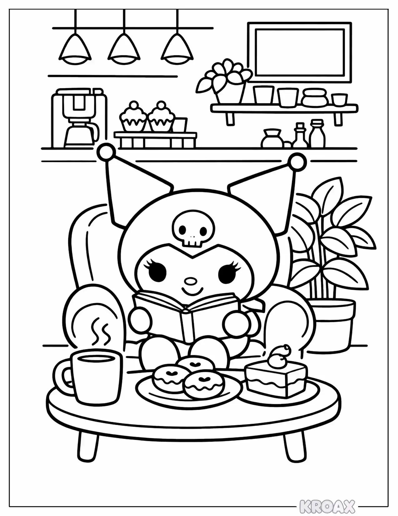 cozy kuromi coffee shop day printable coloring page