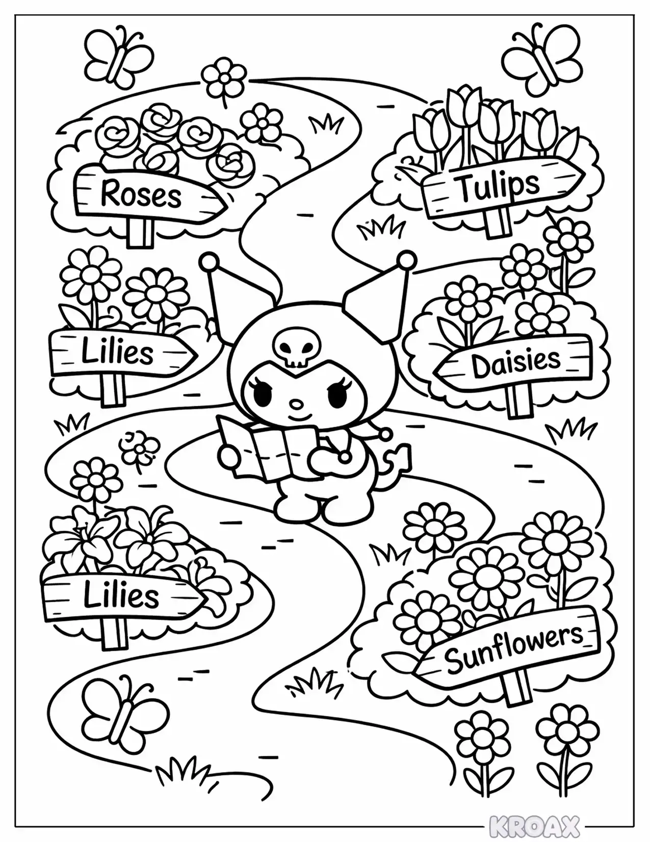 cute kuromi in flower garden maze printable coloring page