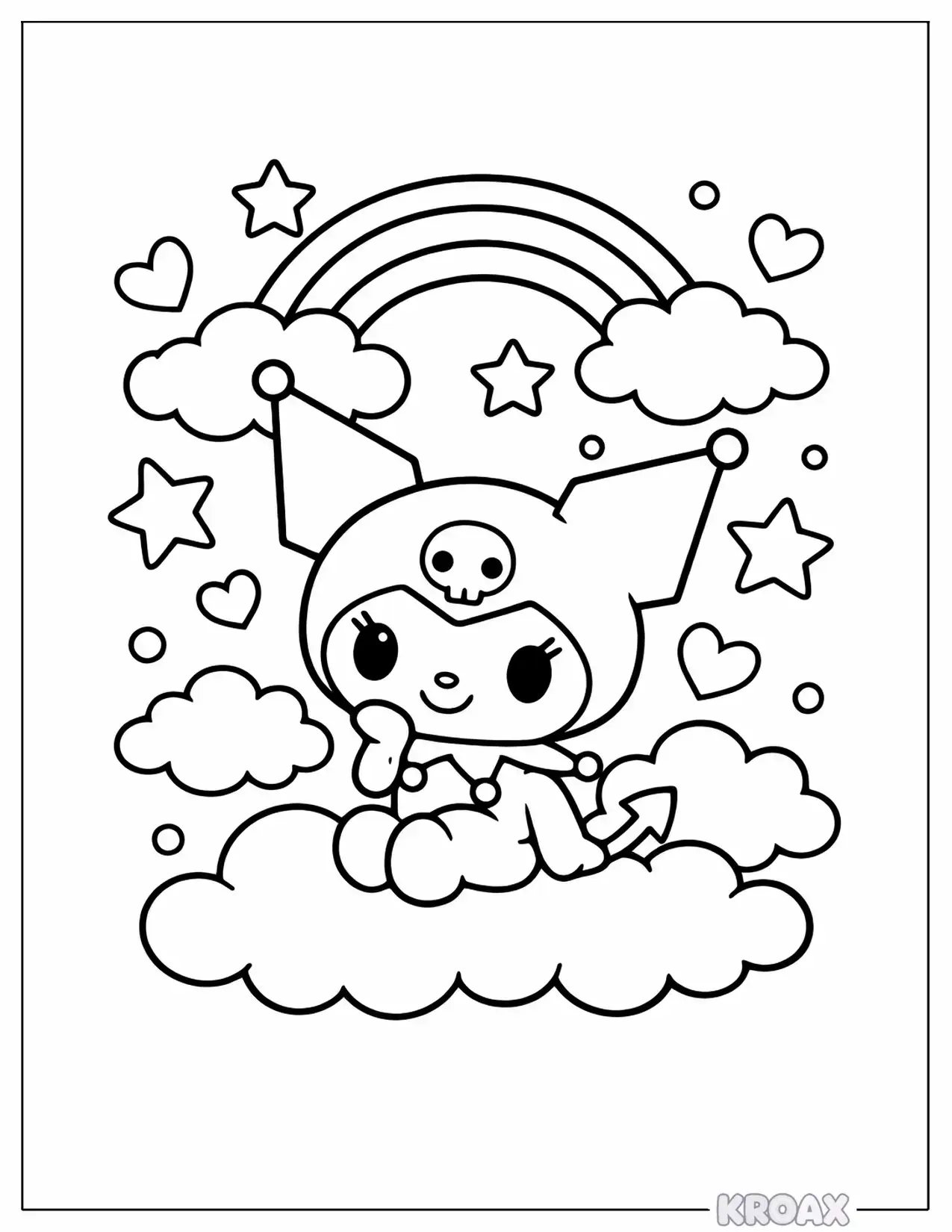 kawaii kuromi with rainbow clouds printable coloring page
