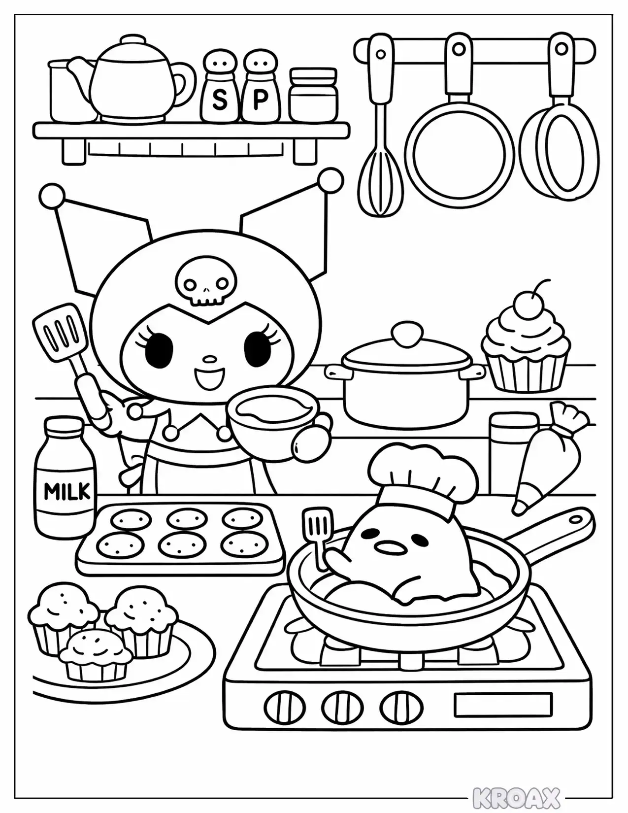 kuromi and gudetama s kitchen fun printable coloring page