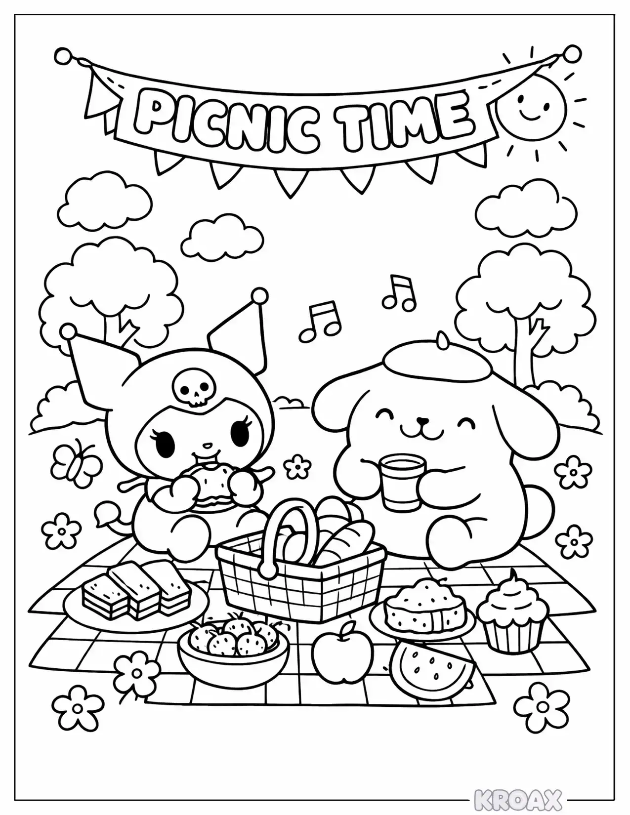 kuromi and pompompurin s picnic time printable coloring page