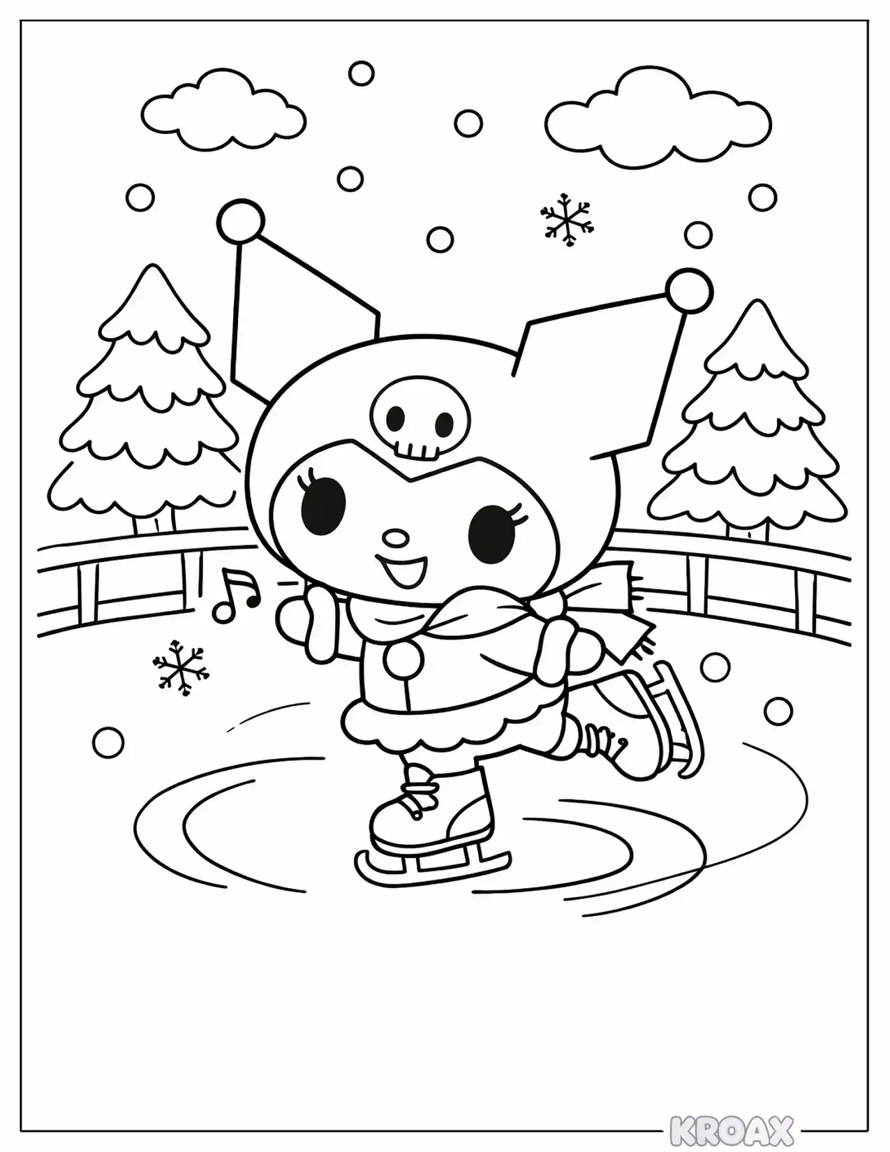 kuromi at the ice skating rink printable coloring page