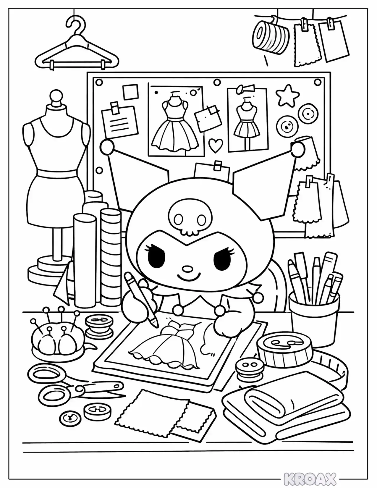 kuromi designing fashion outfits printable coloring page