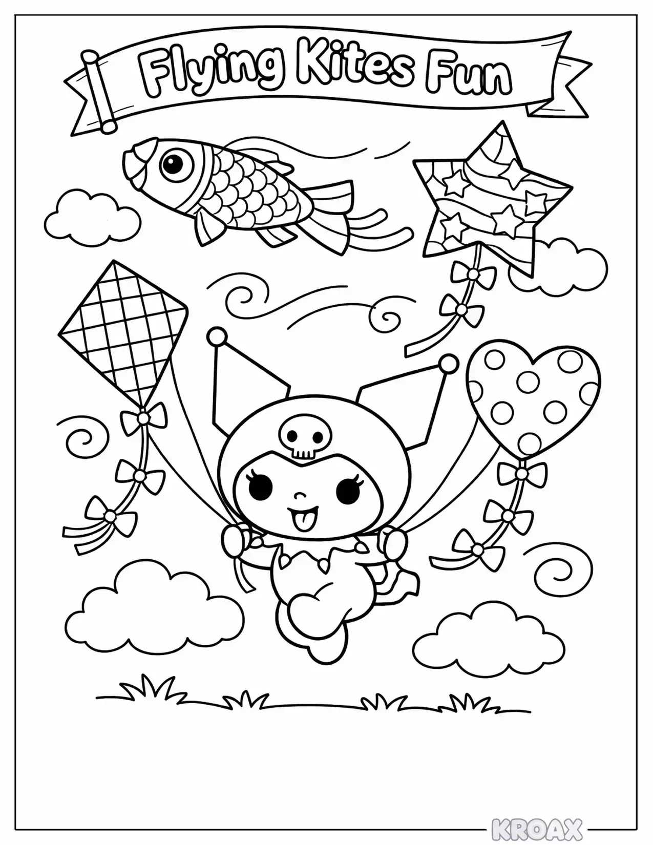 kuromi flying rainbow kites printable coloring page